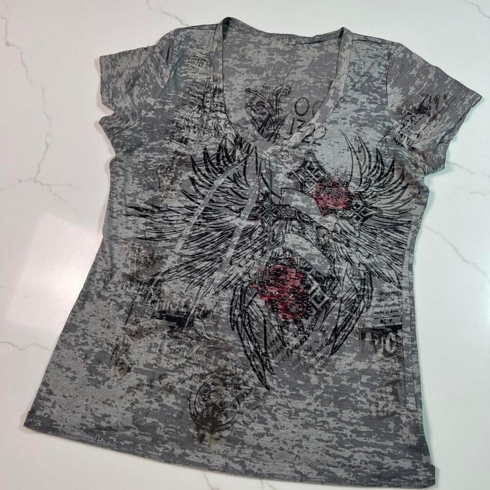 Unbranded Graphic Tee Womens Grey Burnout Angel Wings Rhinestone V-Neck